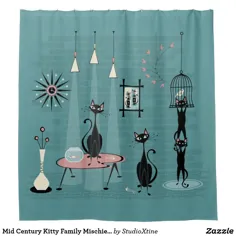 Mid Century Kitty Family Mischief © studioxtine Shower Curtain |  Zazzle.com