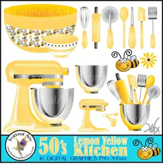 آشپزخانه کیچ زرد لیمویی دهه 50 با 16 PNG دیجیتال |  اتسی