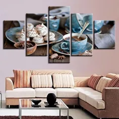 Canvas Pictures تزئینات خانگی چاپ مدولار HD 5 قطعه نقاشی فنجان قهوه نقاشی پوستر چای عصرانه آشپزخانه چارچوب هنر دیواری - دیوار چوبی - زندگی خانه خود را تزئین کنید