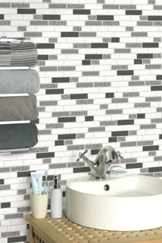 کاشی حمام آشپزخانه کاغذ دیواری سنگی قابل شستشو وینیل سیاه و سفید براق وینیل |  eBay