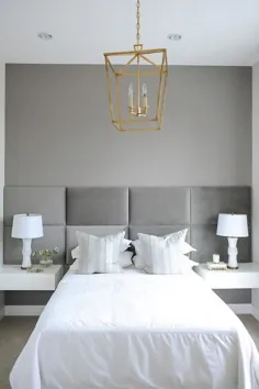 اتاق خواب سفید و خاکستری با کمد خواب های شناور سفید - انتقالی - اتاق خواب