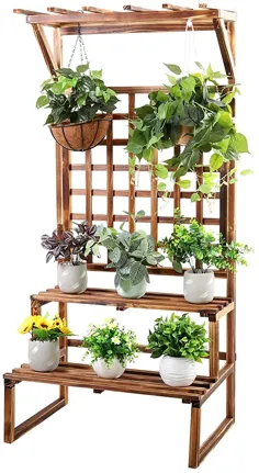 unho Rustic Plant Stand 2 Tier Carbonized Wood Pine Wood Shelf Rack Ladder with Trellis Indoor Outdoor For Corner Patio بالکن باغ حیاط دکور
