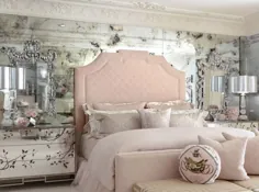 دکوراسیون اتاق خواب شاهزاده خانم های نقره ای و صورتی باشکوه با تخت خواب سر نوزاد صورتی