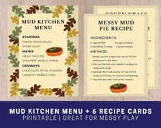 کارتهای منو و دستور غذا قابل چاپ آشپزخانه Mud |  لجن پای ، وانمود غذا |  تابلو / لوازم آشپزخانه گل و لای |  وانمود کنید که کافه Play قابل چاپ است