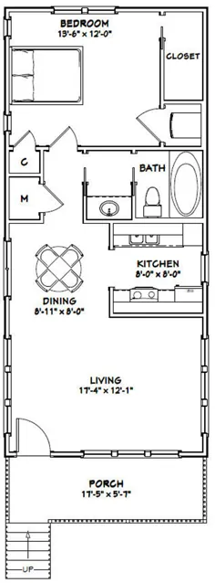 خانه 18x40 خانه 1 خوابه 1 حمام 720 فوت مربع PDF طبقه طرح |  اتسی
