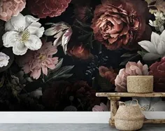 کاغذ دیواری شکوفه تیره ، چاپ بزرگ گل ، کاغذ دیواری های پرنعمت گل ، نقاشی دیواری دیواری گلهای بزرگ # 89