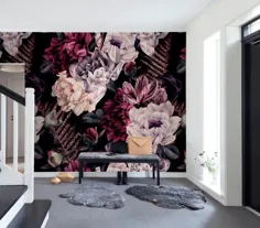 کاغذ دیواری گل تیره با قابلیت تغییر رنگ پوست و چوب استیک آبرنگ گل های بزرگ دیوار تزئینی نقاشی دیواری برای اتاق نشیمن اتاق خواب