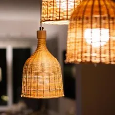 لامپ آویز چوبی بامبو و چوب - چراغ سقفی - چراغ آویز - مجموعه چراغ - چوب بامبو و چوب - نورپردازی مدرن - روشنایی - خانه