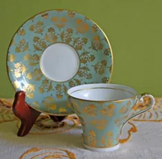 فنجان و بشقاب چای عتیقه Aynsley - ست چای سبز و طلایی