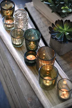 جا شمعی شیشه سبز شیشه ای سبز رنگ با سینی چوب