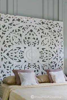 تابلو تخته حکاکی شده روی چوب برای تابلو تختخواب تختخواب ، دیوار چوبی ساج اصلاح شده گلهای گرمسیری از تایلند ، دکوراسیون کلبه ساحلی سفید رنگ