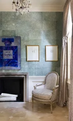Blue Chanel Art Over Grey Art Deco Fireplace - انتقالی - اتاق نشیمن