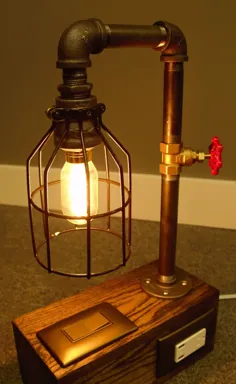 لامپ صنعتی - لامپ ادیسون - لوله سیاه آهنی - پورت USB شارژ تلفن و تبلت - پایه بلوط - قفس لامپ فلزی