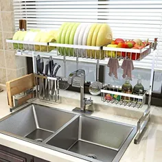 قفسه خشک کن ظرفشویی بیش از سینک (33 اینچ) ، 2 نگهدارنده قاشق چنگال قفسه آبکش برای وسایل آشپزخانه صفحه نمایش ضد زنگ صفحه نمایش فولاد ضد زنگ - فضای آشپزخانه باید ذخیره شود (اندازه سینک 33/2 اینچ ، نقره ای)