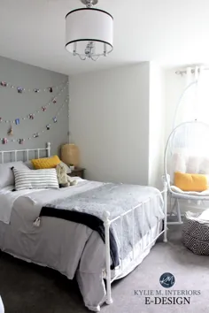 بنجامین مور کبوتر سفید ، دیوار از ویژگی های خاکستری پلاتین ، اتاق دخترانه نوجوان.  فرش خاکستری  طراحی داخلی Kylie M Interiors (2)