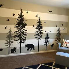 برچسب دیوار کاغذ دیواری-کاج برگ درخت برگ برگ درخت مجموعه ای از 5 درخت با حیوانات ، گوزن ، خرس ، تم جنگل