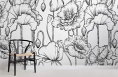 کاغذ دیواری کاغذ دیواری گلهای مصور سیاه و سفید |  هوویا