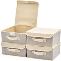 سطل سبد ذخیره سازی پارچه کوچک EZOWare با درب ، ظرف قابل جمع شدن جعبه ذخیره سازی مکعب مخصوص مهد کودک ، کمد ، اتاق خواب - 10.5 10 10.5 5 5 اینچ (خاکستری و بژ)
