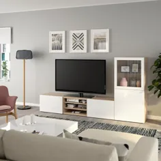 IKEA BESTÅ TV-Kombination mit Vitrinentüren - Eicheneffekt wlas / Selsviken Hochglanz / Klarglas weiß