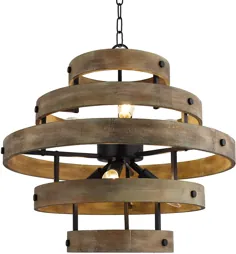 آویز لوستر حلقه ای چوبی 5 حلقه انگشتی 22.5 اینچ سرسرای فلزی چوبی فلزی کشور (6 سر روشن) چراغ سقفی آهنی روستایی