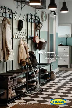 پایه کت PINNIG با نیمکت نگهداری کفش ، مشکی - IKEA