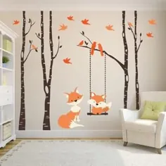 Woodland NURSERY FOX Forest Trees Wall Decal 4 Birch Trees Nursery Decor Baby FOX Decal Swings from Branch Wall Decal اتاق خواب کودک