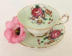 فنجان چای سبز پاراگون و گل رز صورتی نعلبکی پاراگون دوتایی |  اتسی