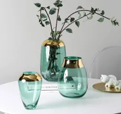 گلدان شیشه ای سبز دستی نوردیک با طلای آبکاری بالا