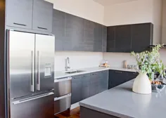 آشپزخانه سفید مدرن با کابینت های چوبی خاکستری و لوازم خانگی از جنس استنلس استیل