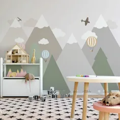 هندسه کوهستان مهد کودک کودکان و نوجوانان تصویر زمینه دیوار ، دیوارهای مثلثی با ابرها بالن هوای گرم کودکان و نوجوانان دیوار دیوار