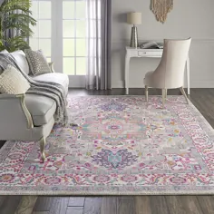 فرش خاکستری روشن / صورتی رنگارنگ ایرانی - 7 "x 10"