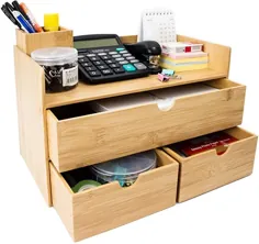 Bamboo Desk Organizer، Mini Bamboo Desk Drawer Tabletop سازمان ذخیره سازی لوازم آرایشی برای دفتر یا خانه (3 کشوی لبه دار)