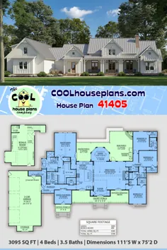 Househouse Style House Plan 41405 با 4 تخت ، 4 حمام ، 3 گاراژ اتومبیل