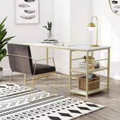 میز رایانه ای سبک نوردیک با قفسه های ذخیره سازی 2 طبقه ، میز کار مدرن خانگی سفید قاب طلای سنگ مرمر مصنوعی روستیک قهوه ای 2 اندازه