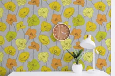 خشخاش های زرد روی طرح کاغذ دیواری خاکستری |  پوشش دیوار قابل جابجایی را از Spoonflower بر اساس تقاضا چاپ کنید