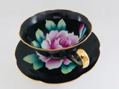 فنجان چای سیاه ژاپن و نعلبکی با کلم صورتی صورتی گل رز |  اتسی