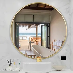 آینه گرد دیواری بزرگ 27.56 اینچی - آینه دایره ای معاصر برای ورودی اتاق نشیمن اتاق خواب ، قاب طلای فلزی Gold - لوازم جانبی ، خانه شما برای تزئین دیوار!