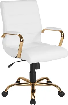 صندلی گردان چرمی سفارشی پشتی / قاب و بازوهای طلایی - مبلمان فلش GO-2286M-WH-GLD-GG
