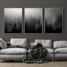 مجموعه ای از سه اثر هنری دیوار سفید جنگلی مه آلود سیاه و سفید مجموعه |  اتسی