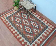 فرش چند رنگ جوت گلیم مراکشی دستباف 5x8 سنتی |  اتسی