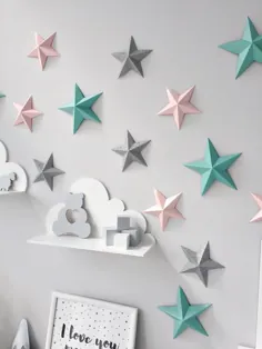 Paper Stars Glitter Silver wall wall |  چشمک بزن ستاره کوچک |  دکور مهد کودک نعناع صورتی |  دکور دیوارهای ستارگان برای اتاق کودک