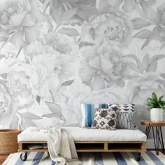 Grey Peonies Floral Wallpaper Mural KM032 - Self-Adhesive Tradition سنتی چسبیده یا لایه بردار و استیک کاغذ دیواری سبک آبرنگ