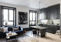 frames قاب پنجره های سیاه و اتاق نشیمن باز با آشپزخانه: آپارتمان شیک در استکهلم (57 متر مربع)