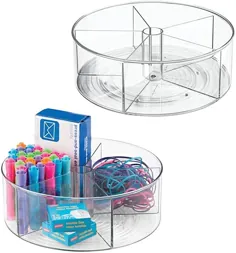 محفظه ذخیره سازی گردان پلاستیکی سوزان mDesign Deep Plastic Lazy - سازمان دهنده چرخشی تقسیم شده برای لوازم خانگی ، قلم ها ، پاک کن ها ، نوار ، مداد رنگی - 2 بسته - خاکستری دودی