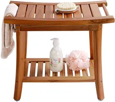 صندلی دوش مخصوص ساج توپی با دستگیره ، چهارپایه قابل حمام آبگرم چوبی قابل حمل با قفسه حوله ذخیره سازی ، 22 "x 13" x 18.6 "، ضد آب ، مناسب برای استفاده در محیط داخلی و فضای باز