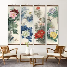 گل به سبک چینی گیاهان سبز بوم نقاشی تزئینی اتاق خواب اتاق نشیمن دیوار دیوار نقاشی جامد چوب نقاشی - Wallcorners - تزئین زندگی خود را در خانه