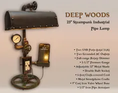 لامپ لوله صنعتی 23 "Steampunk با سایه فلزی 12" ، خروجی AC و USB ، گهواره تلفن هوشمند ، کم نور ، سنج بخار پایه چرخ چدن شیر