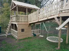 خانه درختی چوبی برای کودکان |  قاب های Zipwire باغ و کوهنوردی