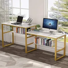 Tribesigns 94.48 اینچ میز دو نفره ، میز کامپیوتر دو نفره و میز ایستاده برای دو نفر ، میز تحریر دفتر ساده در روستیک برای دفتر خانه (سفید)