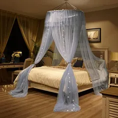 پرده تخت خواب سایبان منگرسی با چراغ پرده تختخواب گنبد گرد پشه بند برای تخت خواب کامل Queen Queen (آبی و سفید)